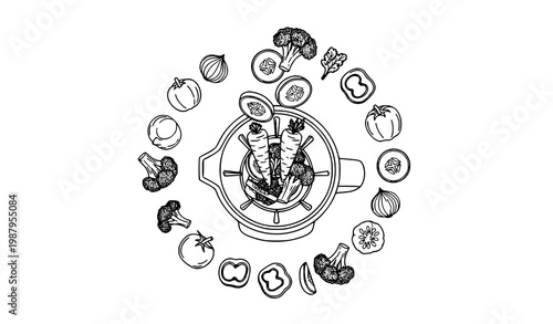 Top view blender with falling vegetables smoothie concept black and white outline vector