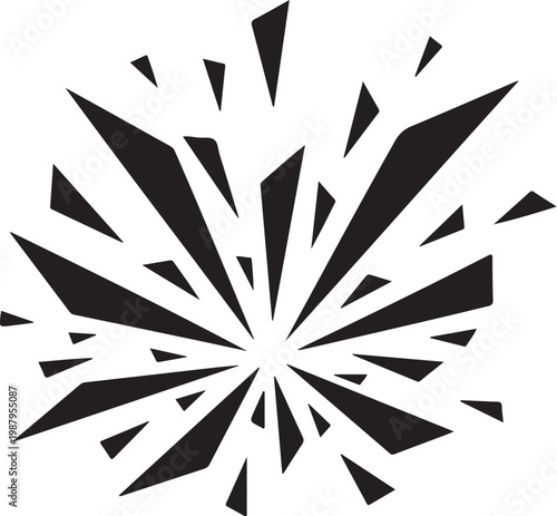 Black explosion burst, shattered glass effect, vector shockwave, abstract dynamic shape