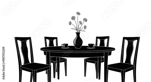 Dining Room Elegance: A monochrome view of a dining space, with a finely crafted table at the center, surrounded by chairs and decorated with a vase of flowers and a tea cup.