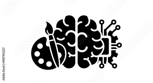 Creativity and Technology Fusion: An artistic representation merges art tools with circuit board and human brain, symbolizing the harmonious blend of creativity and technology. 
