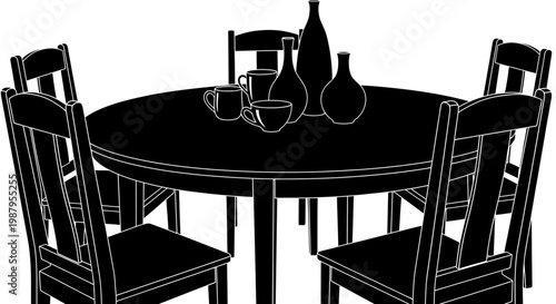 Dining Table Silhouette: A minimalist monochrome depiction of a circular dining table, surrounded by six chairs, adorned with decorative vases, offering a sense of shared meals and domestic elegance.