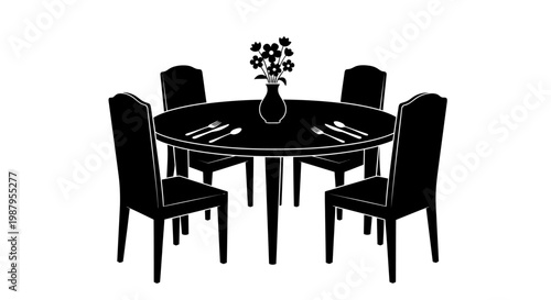 Elegant Dining Silhouette: A minimalist, black silhouette of a stylish dining scene, featuring a circular table set with elegant silverware, surrounded by classic chairs and a floral centerpiece.