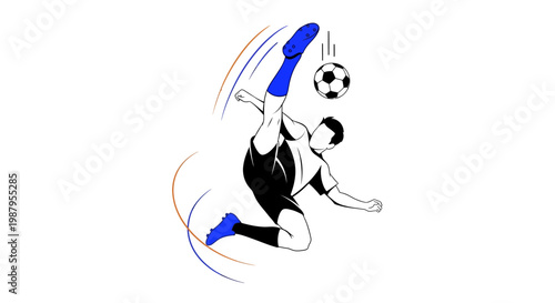 Elevated Kick: A dynamic illustration captures a soccer player in mid-air, executing a powerful overhead kick with focused precision, aiming for the goal. 