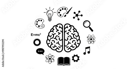 Cognitive Concepts: A conceptual illustration portraying the human brain surrounded by symbols of intellect, creativity, and knowledge.
