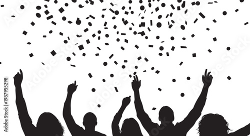 Black silhouettes, people celebrating, confetti falling, party crowd, joyful gathering