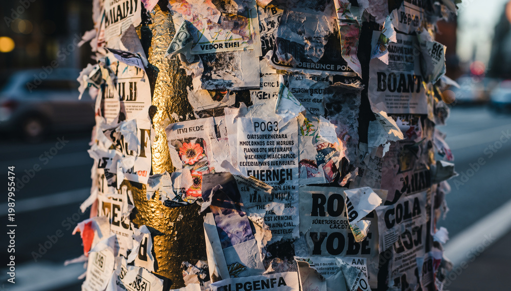 Fototapeta premium Close-up of a tree wrapped with torn newspaper pages.