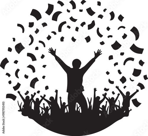 Victory celebration, confetti, crowd cheering, black silhouette, party popper