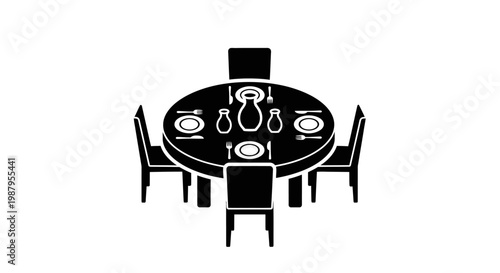 Dining Room Arrangement: A meticulously crafted vector illustration showcases a dining room arrangement, with a round table elegantly set with plates, cutlery, and a central pitcher. Around the table.