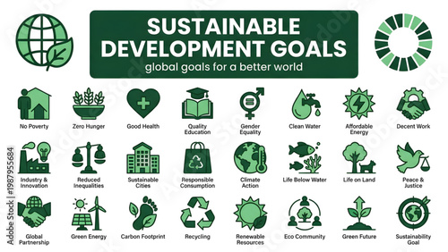Sustainable Development Goals SDG Global Objectives and Environmental Conservation Icon Set