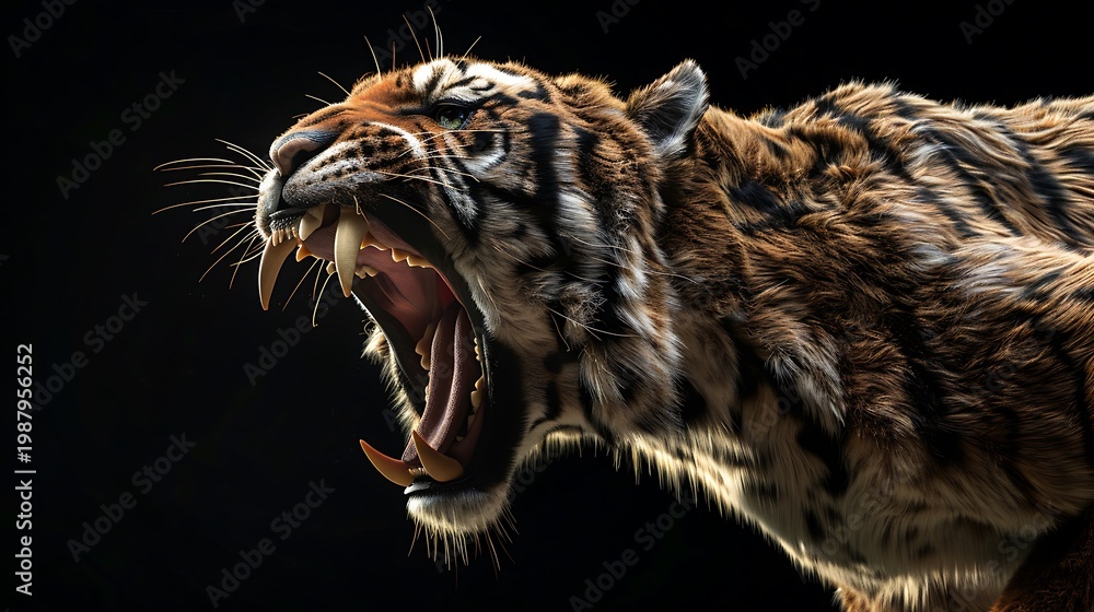 Obraz premium Tiger snarls with sharp teeth and powerful jaw muscles exposed under dramatic side lighting.