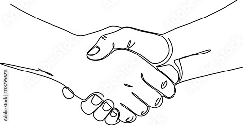 A minimalist line drawing depicts two hands engaged in a formal handshake