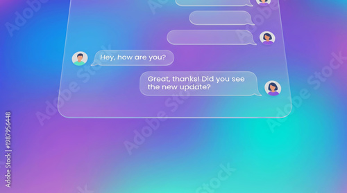 Modern Digital Chat Interface with Message Bubbles and User Avatars for Mobile Social Network Communication and Online Customer Support Service on a Vibrant Colorful Gradient Background