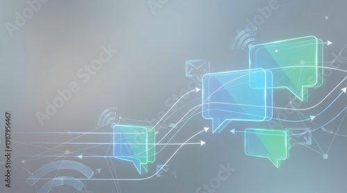 Abstract digital communication network background with glowing chat bubbles and message icons for social media mobile support and global connectivity technology concept for business marketing.