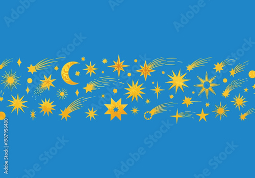 Celestial display of stars, meteors, and a crescent moon against a night sky