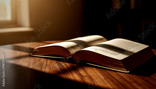 Open slightly worn paperback novel on wooden table in warm indoor lighting