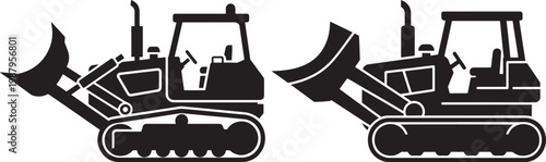 Heavy construction equipment bulldozers in black and white silhouette industrial tracked loaders for earthmoving heavy duty bulldozer construction earthmoving machinery industrial engineering