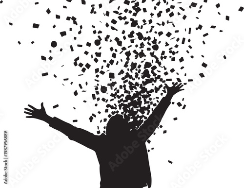 Silhouette of a person releasing confetti, black confetti explosion, joyful celebration, party atmosphere, vector illustration