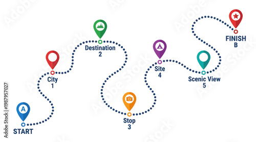 Winding road trip map infographic with colorful pins, travel route timeline with start and finish points, dotted path navigation vector illustration