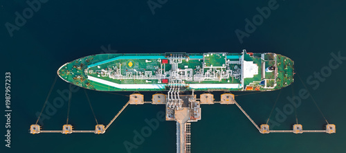 Aerial top view of an oil and gas tanker refueling at sea, illustrating offshore energy transfer, maritime logistics, and global fuel supply operations.