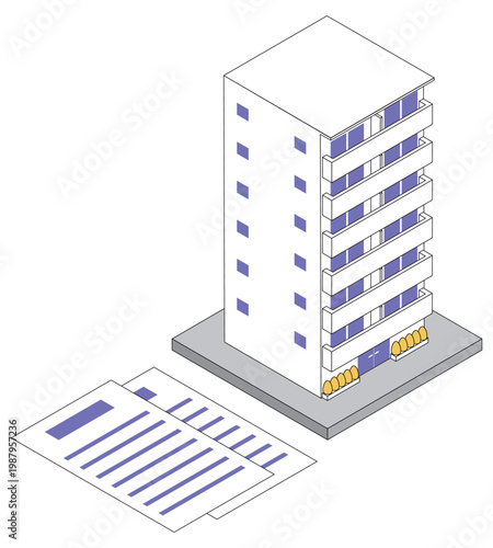 ツートンカラーのアイソメトリックマンションの建物と書類をイメージした線画アイコン素材