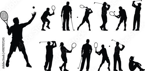 Tennis and golf player silhouette collection, athletic people with rackets and clubs, outdoor sports, competition, fitness, lifestyle, exercise, and training.