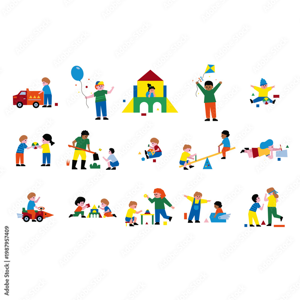 Fototapeta premium Professional education-themed mascot set for children's stationery and textile pattern design, featuring assorted decorative hobby symbols and playful cartoon characters in a clean.