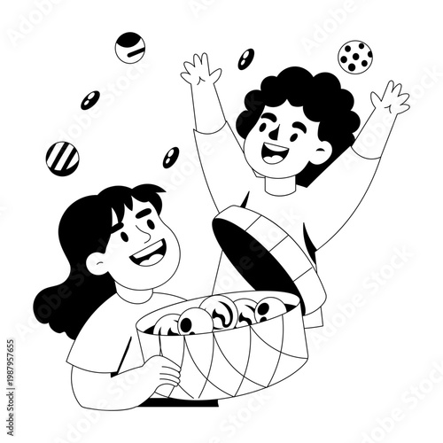 A glyph style illustration showing a character carrying a treats basket
