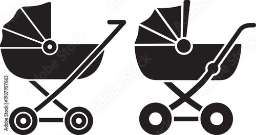 Black silhouette icons of two modern baby strollers or prams with canopies and wheels baby stroller pushchair parenting childhood transportation pictogram illustration silhouette minimalist