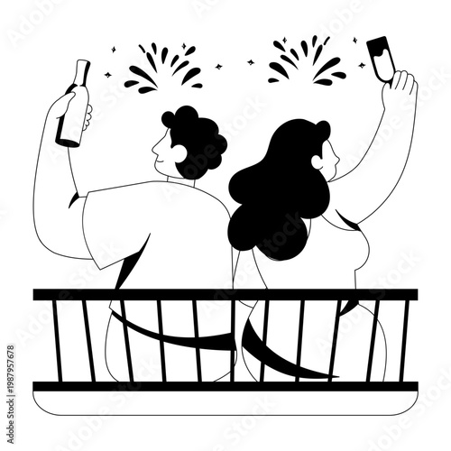 A glyph style illustration showing couple enjoying fireworks
