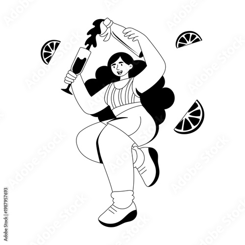 A glyph style illustration showing a character holding champagne
