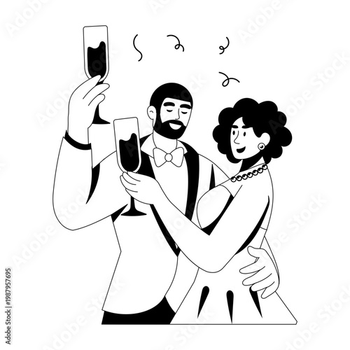 A glyph style illustration depicting a couple clinking glasses
