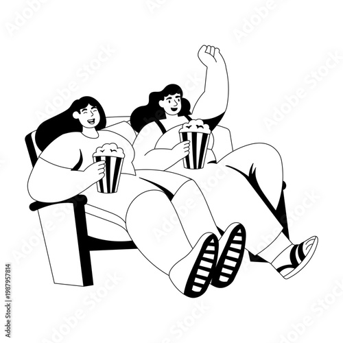 A glyph style illustration showing characters watching movie together
