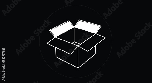 A stark white outline of an open cardboard box is centered within a black circular frame