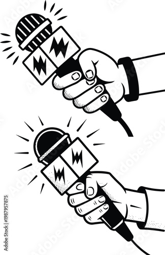 Two hands holding microphones ready for interview or broadcast public speaking microphone flag microphone interview broadcast journalism