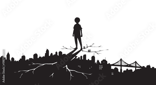 Silhouette cityscape, broken ground, person standing, urban landscape, black and white