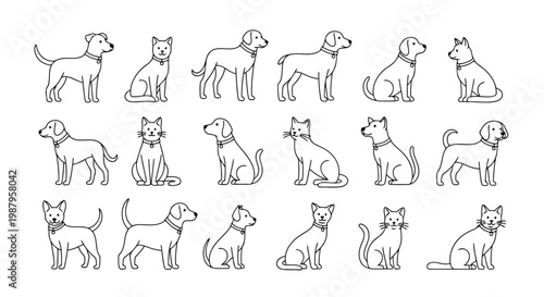 Diverse line drawings of cats and dogs in various poses and styles