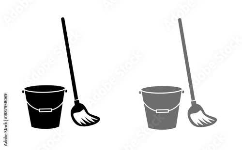 Vector illustration of cleaning equipment set with broom mop bucket icon set