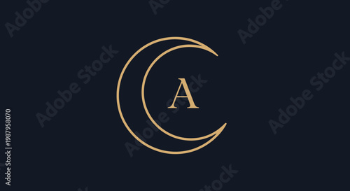 Elegant gold crescent moon outline with initial letter A on a deep blue background. Minimalist graphic design element, celestial symbol.