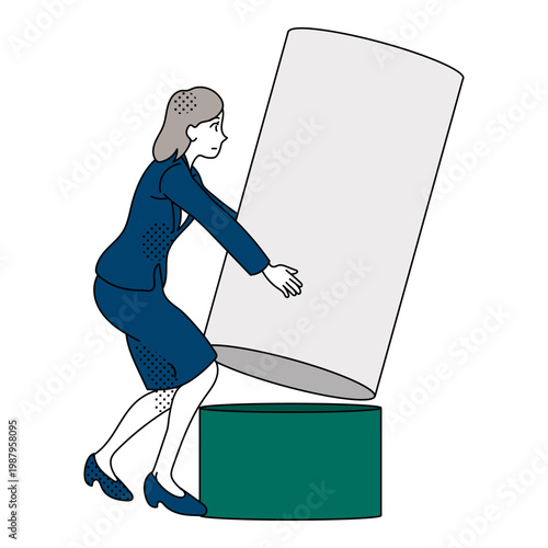 Female clerk arranging oversized cylindrical block