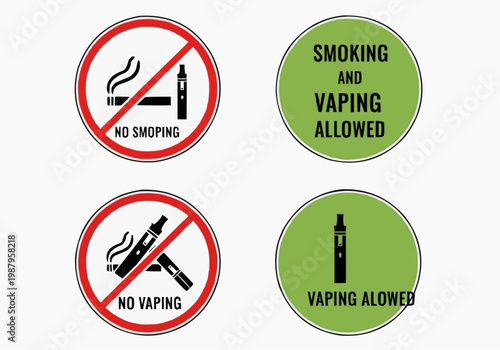 No Smoking and No Vaping Sign Set. Smoking and Vaping Allowed and Prohibited Icons. Vector Illustration.
