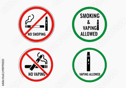 No Smoking and No Vaping Sign Set. Smoking and Vaping Allowed and Prohibited Icons. Vector Illustration.