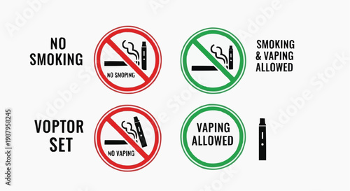 No Smoking and No Vaping Sign Set. Smoking and Vaping Allowed and Prohibited Icons. Vector Illustration.