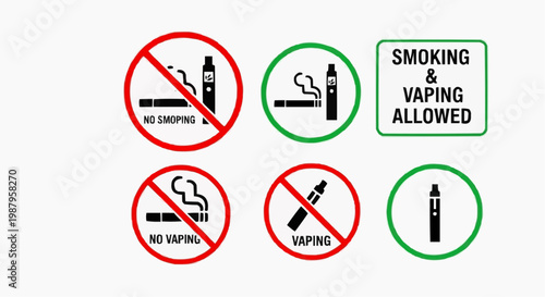 No Smoking and No Vaping Sign Set. Smoking and Vaping Allowed and Prohibited Icons. Vector Illustration.