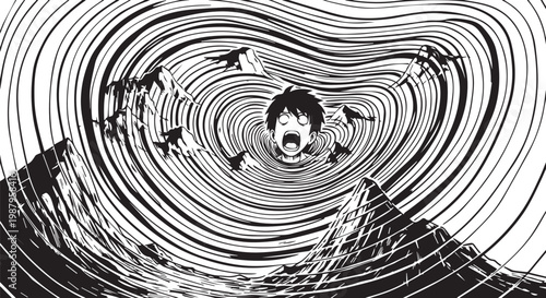 Black and white, swirling vortex, abstract illustration, emotive expression, surreal scene
