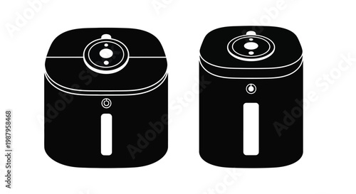 Two black and white illustrations depict futuristic cylindrical robotic vacuum cleaners with simple designs