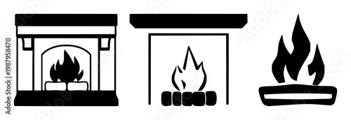Fireplace icon set with solid black shapes featuring hearth, chimney, mantle with flame and warmth symbols