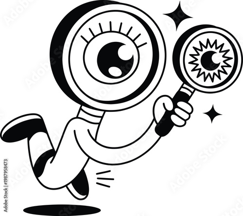 Cartoon character with eyeball head holding a magnifying glass character searching research discovery curiosity investigation analysis