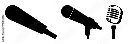 Microphone icon set with solid black silhouette on white background featuring voice command, microphone, silhouette with monochrome and background