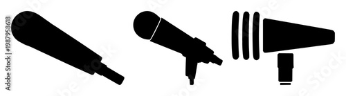 Microphone icon set with solid black silhouette on white background featuring voice command, microphone, silhouette with monochrome and background