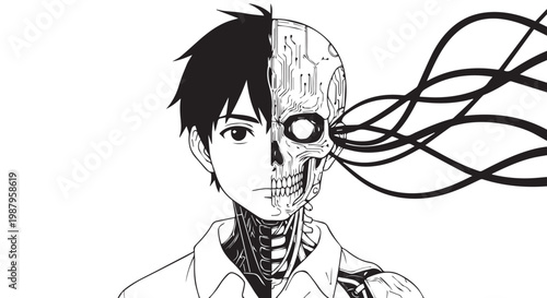 Cyberpunk anime boy, robotic skull, futuristic illustration, manga style
